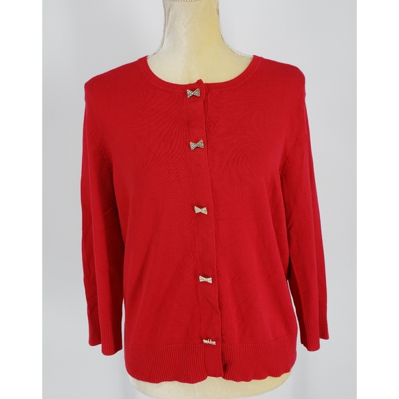 Cable \u0026 Gauge Sweaters | Cable \u0026 Gauge Rhinestone Bow Button Cardigan - L | Color: Red | Size: L | Fashionbug324's Closet